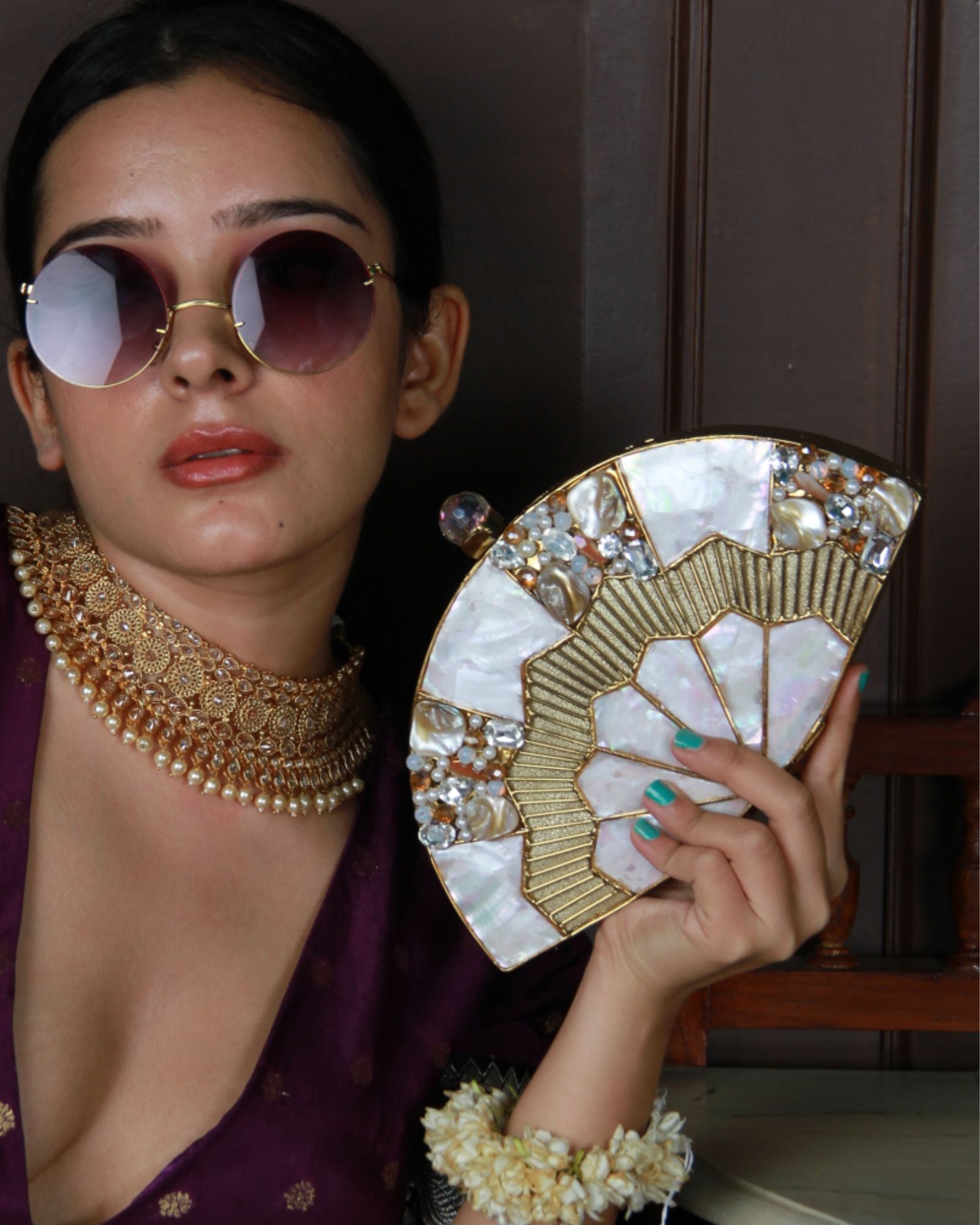 Pankh Golden Brass Mother of Pearl Clutch