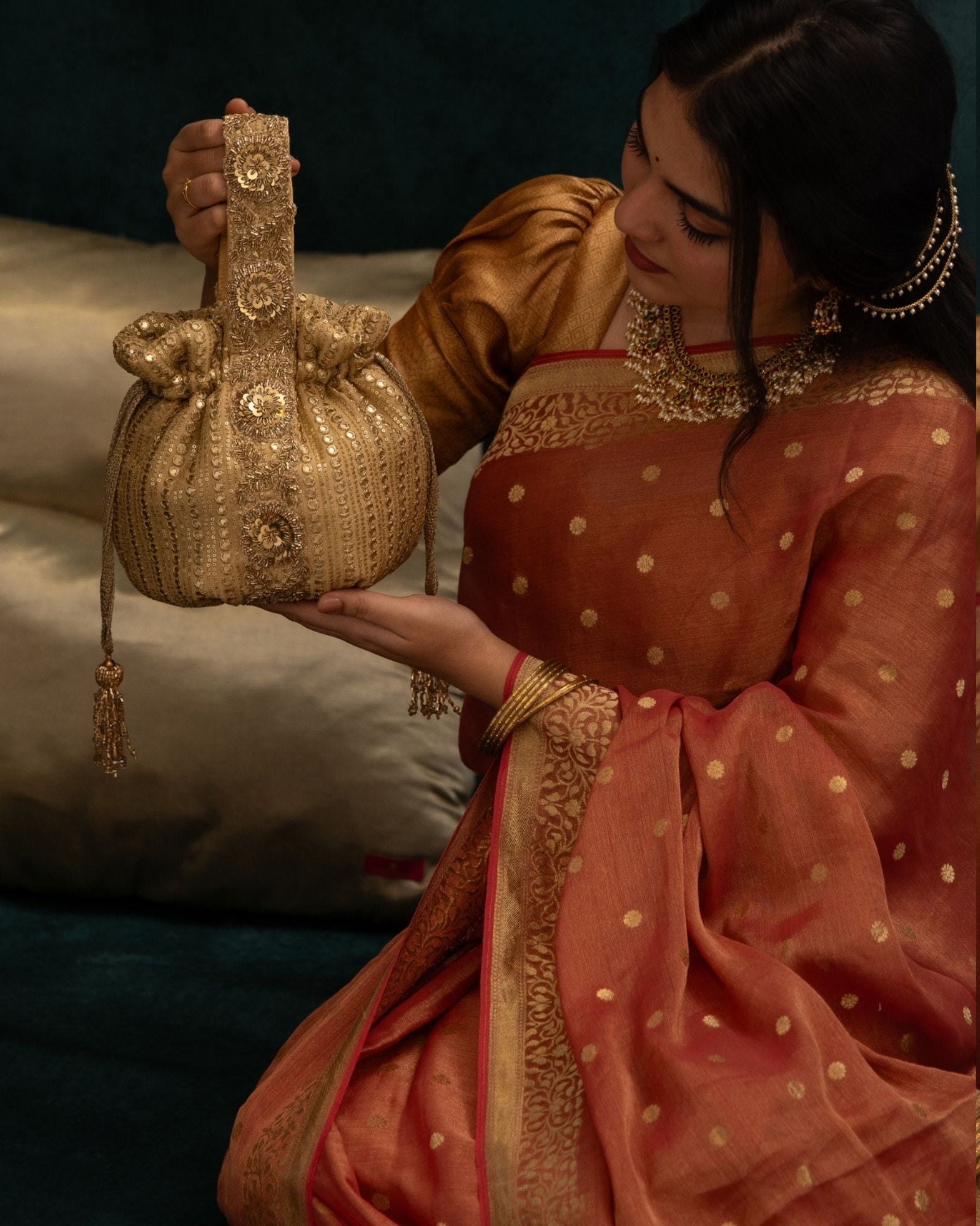 Yari Embroidered Round Potli - Gold