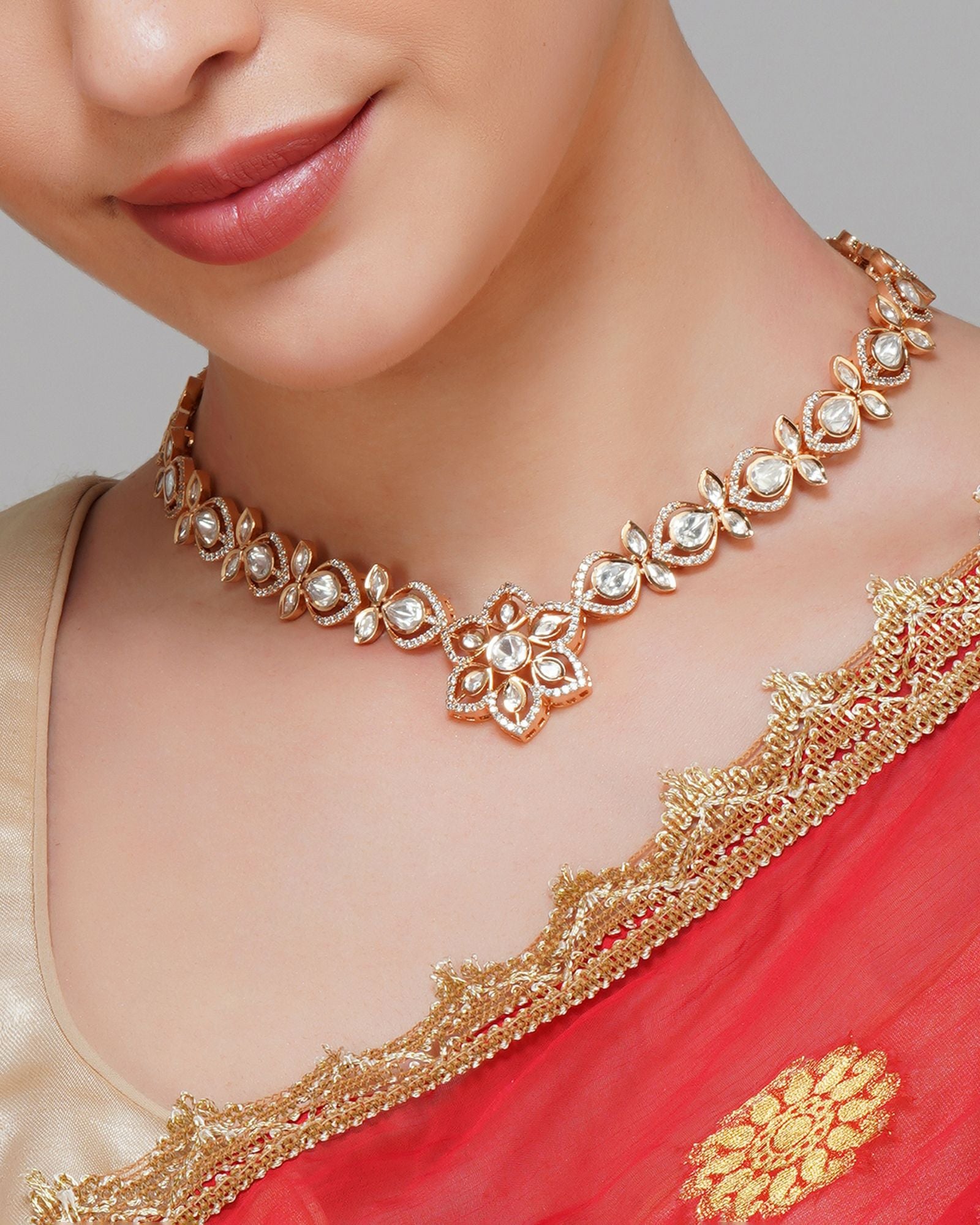 Gold Plated Flower Design Kundan Necklace