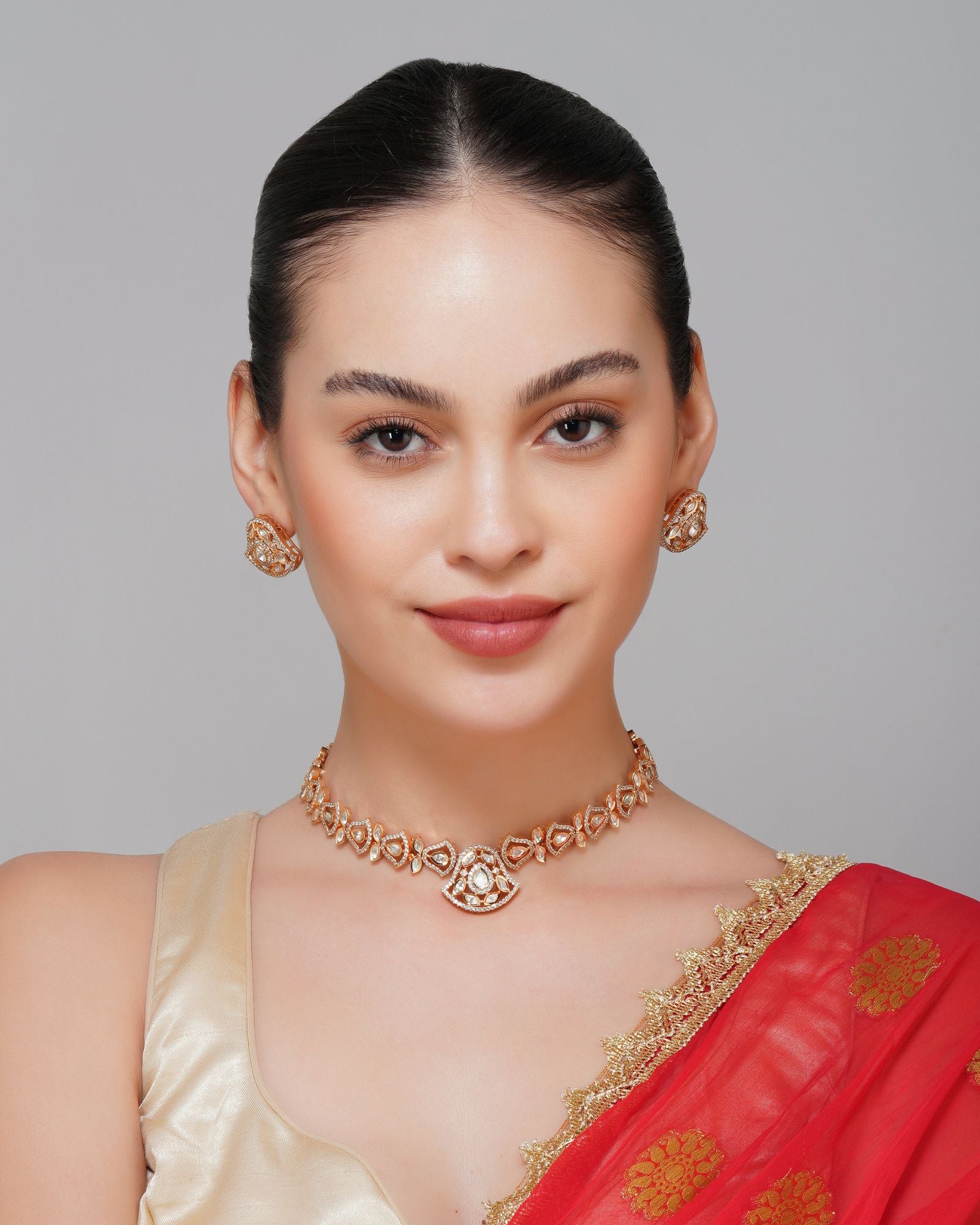 Single Line Kundan Necklace With Zircon In Gold Plating