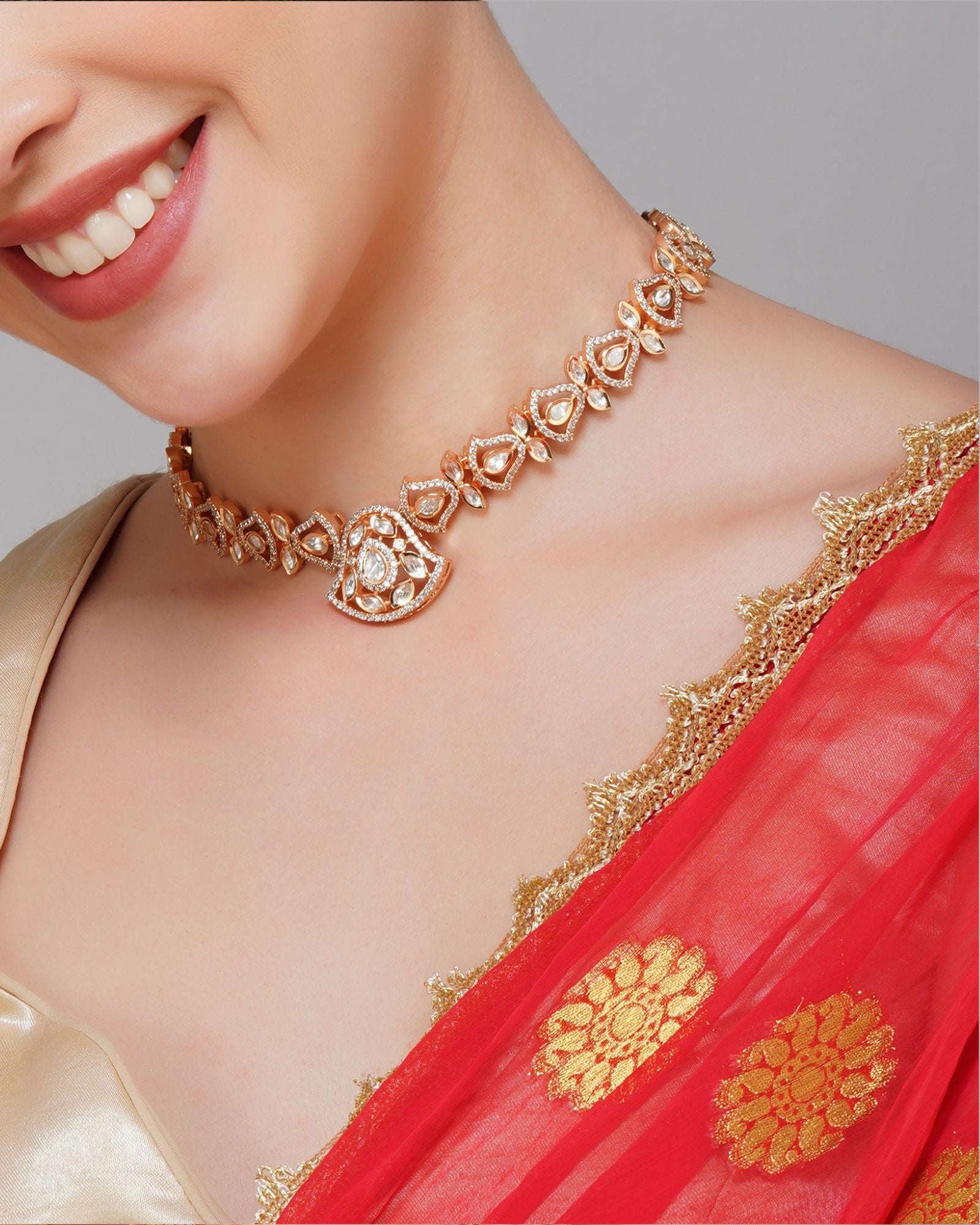 Single Line Kundan Necklace With Zircon In Gold Plating