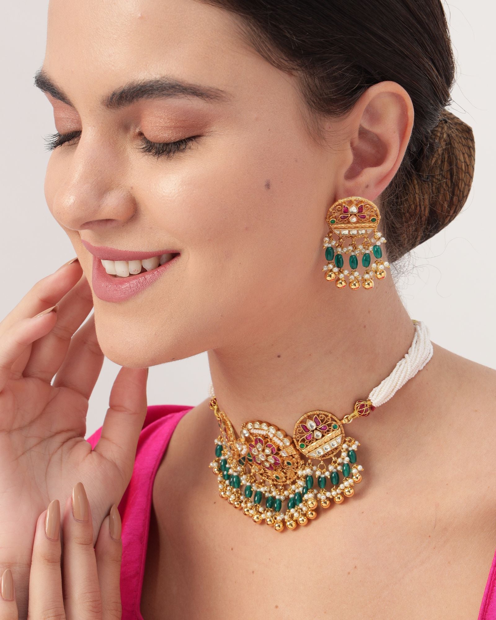 Gold Plated Pachi Kundan Phool Necklace set