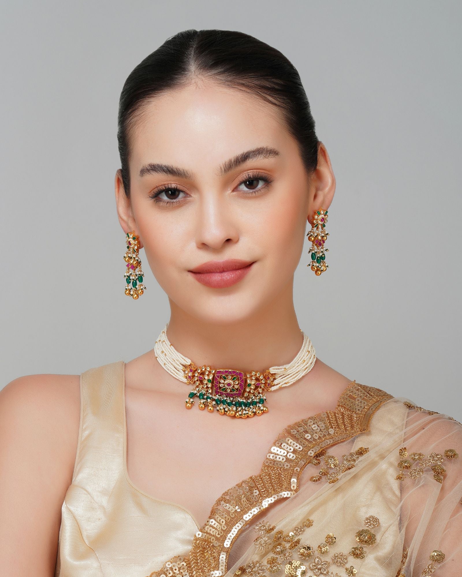 Floral Gold Plated Pachi Kundan Choker