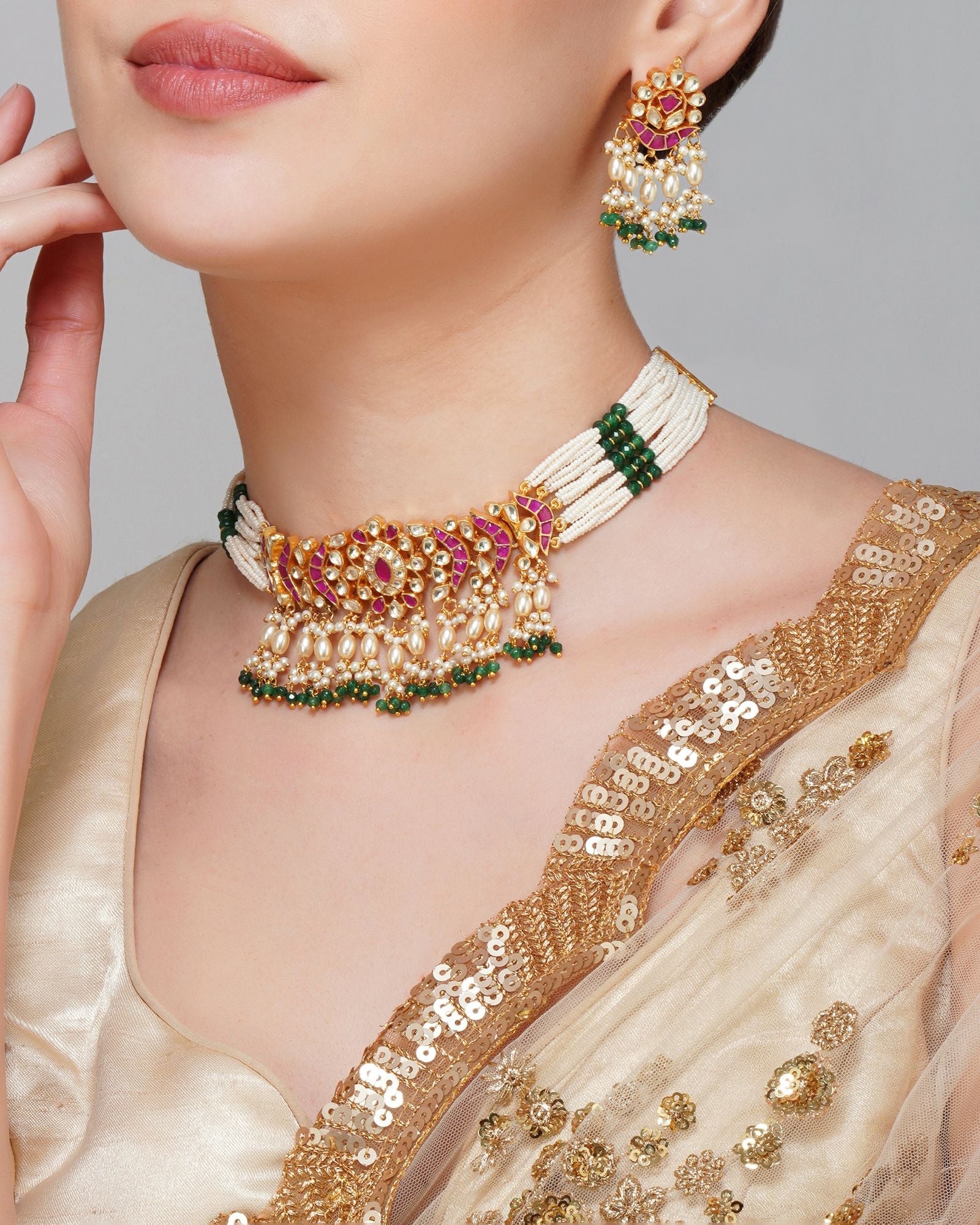 Gold Plated Green Pearls Multi Kundan Choker