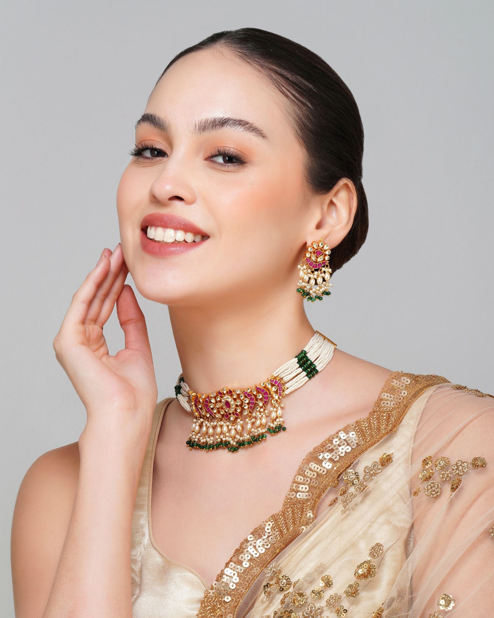 Gold Plated Green Pearls Multi Kundan Choker