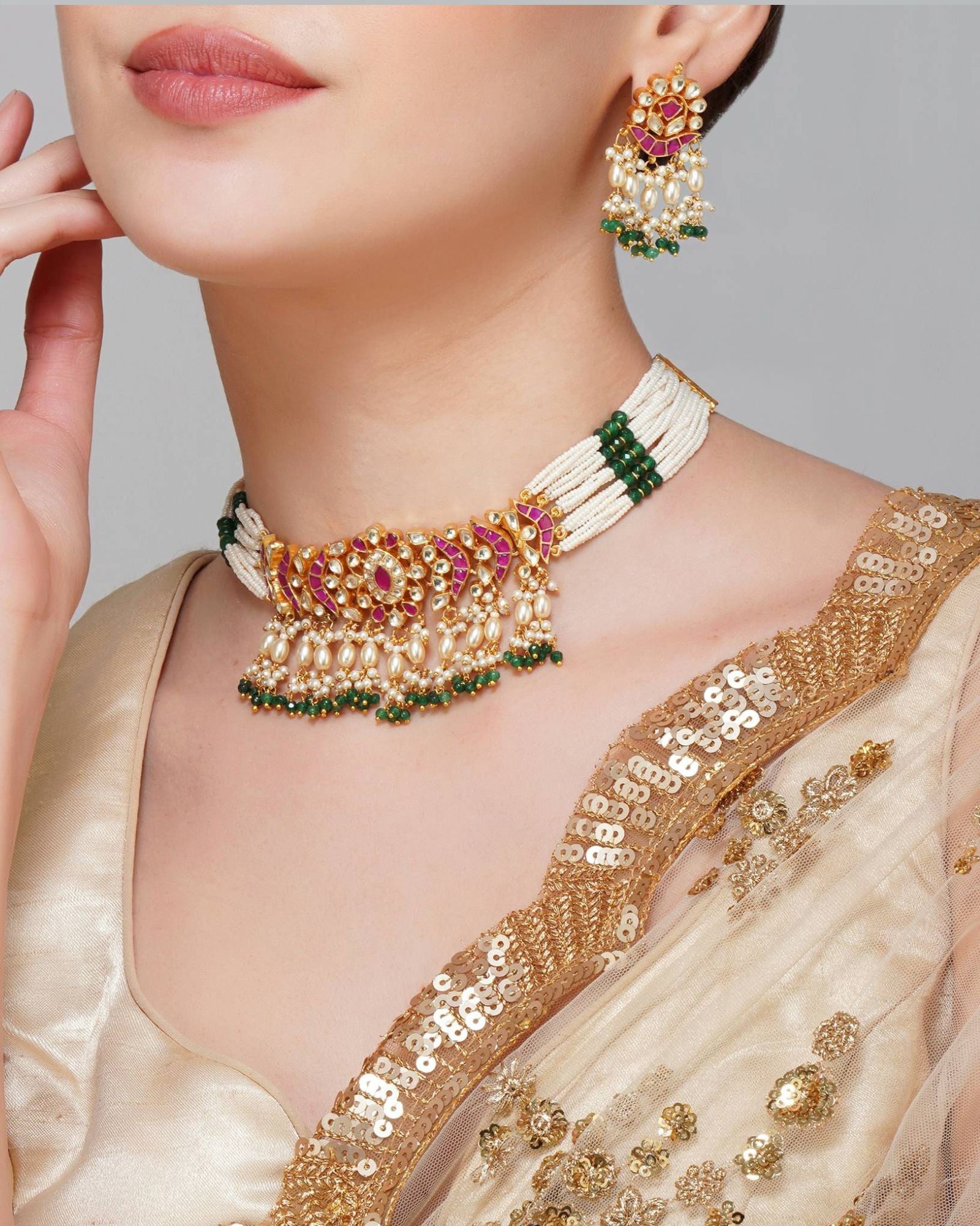 Multi Gold Plated Pachi Kundan Necklace