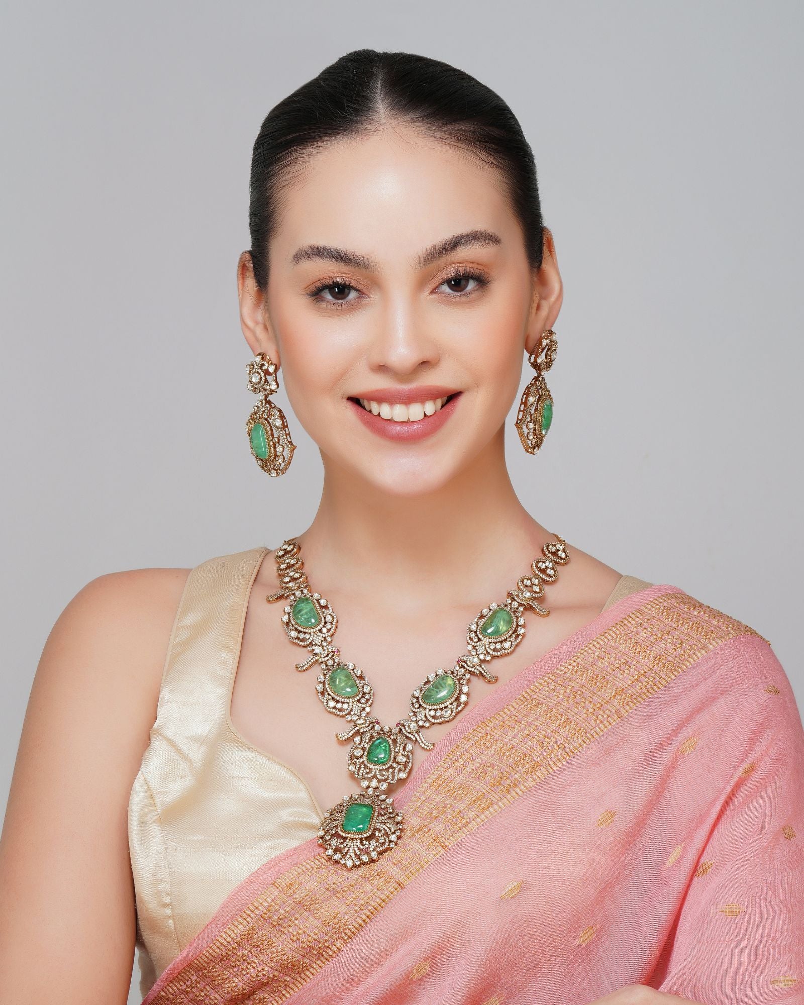 Mint Kundan Pecock Design Necklace Set