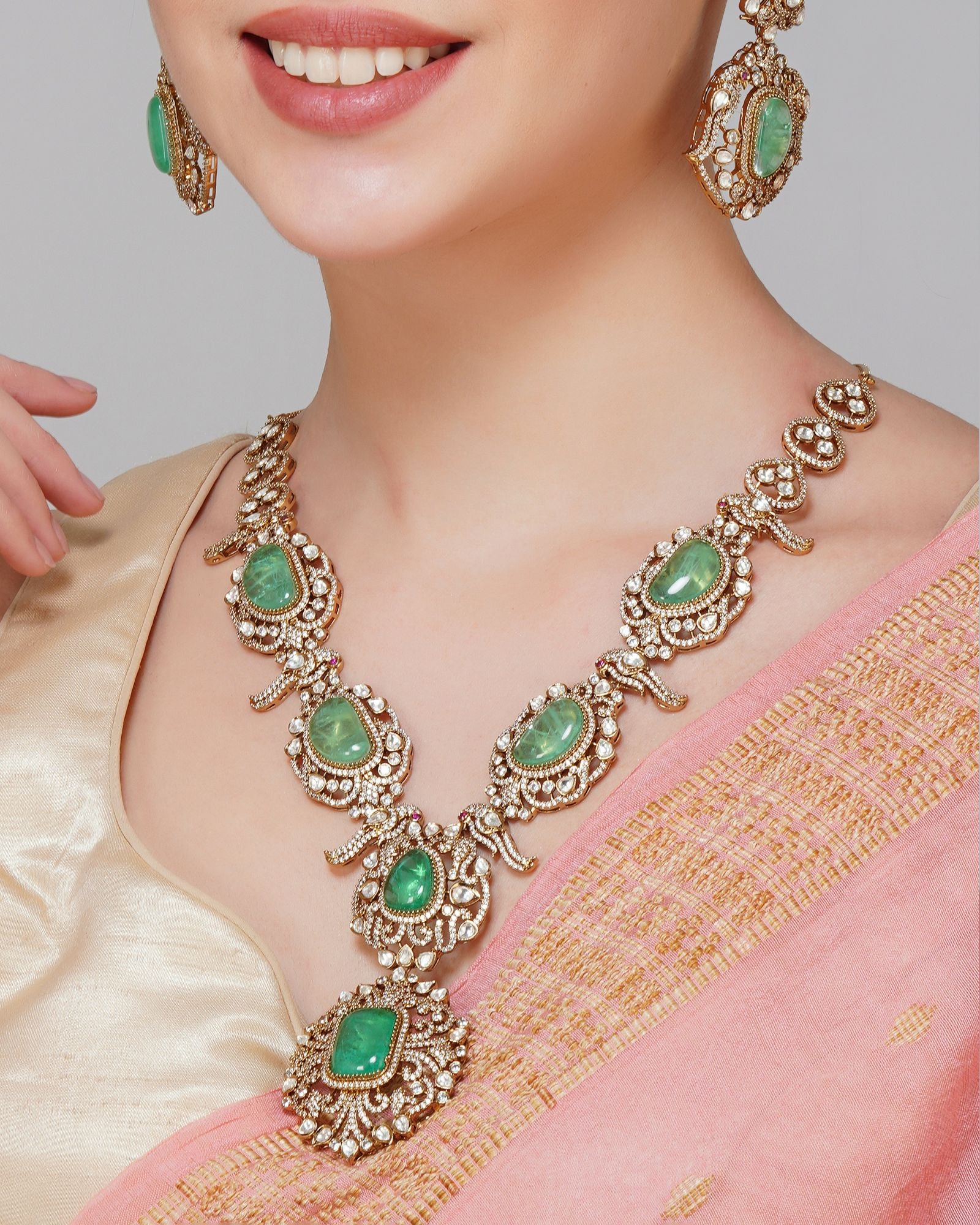 Mint Kundan Pecock Design Necklace Set