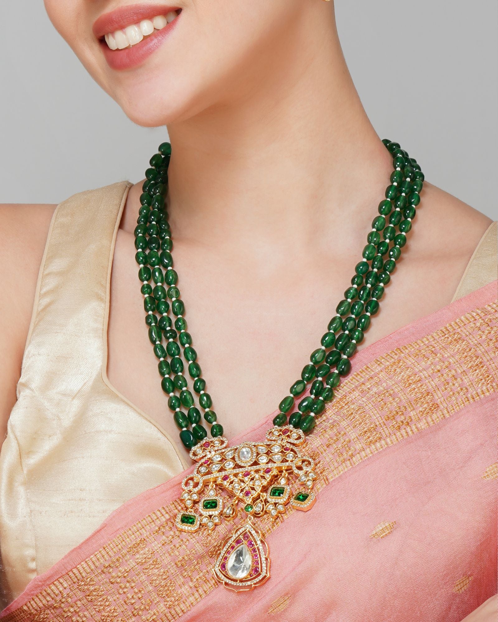 Green Pearls Rani Haar In Kudan And Gold Plating