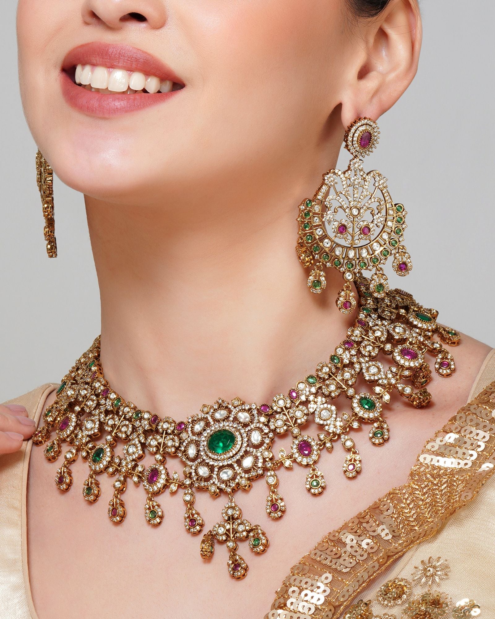 Multi Kundan Necklace Set With Chand Bali Earrings