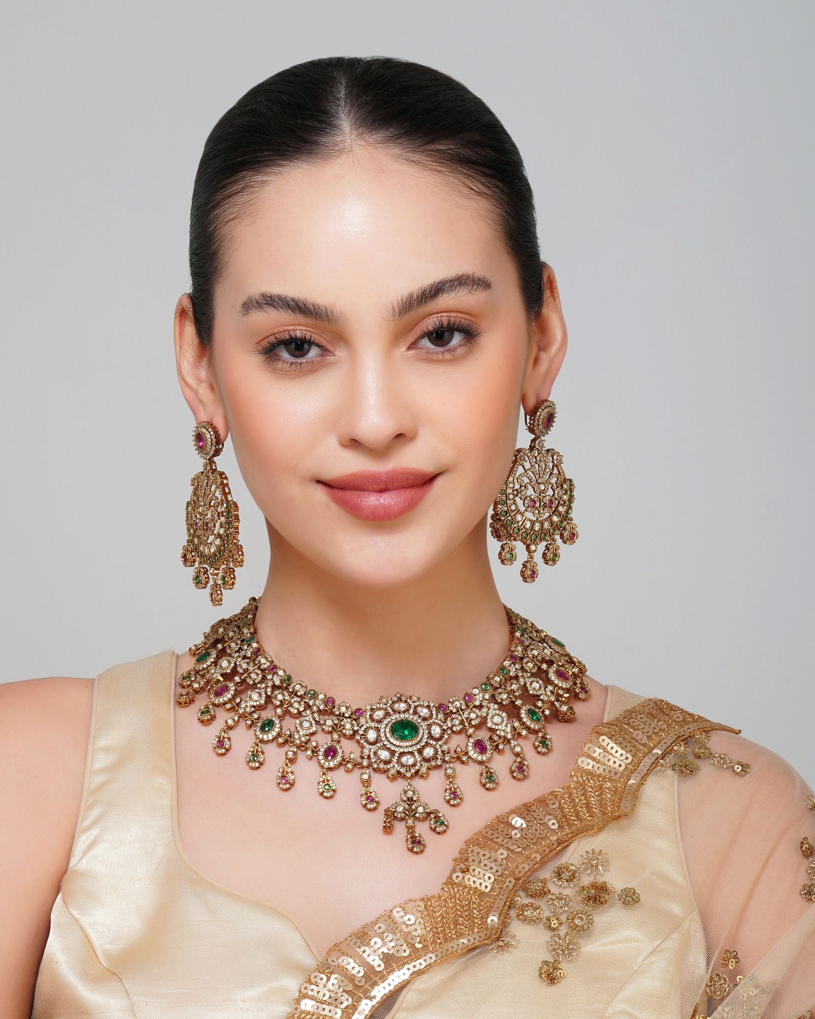 Multi Kundan Necklace Set With Chand Bali Earrings