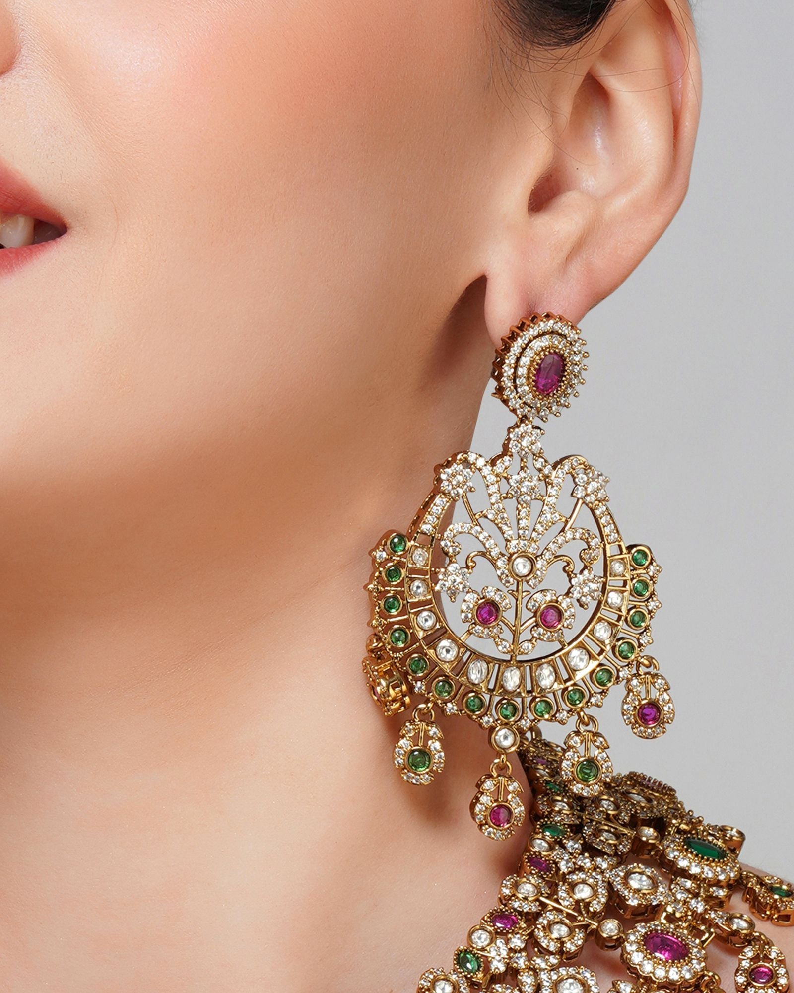 Multi Kundan Necklace Set With Chand Bali Earrings