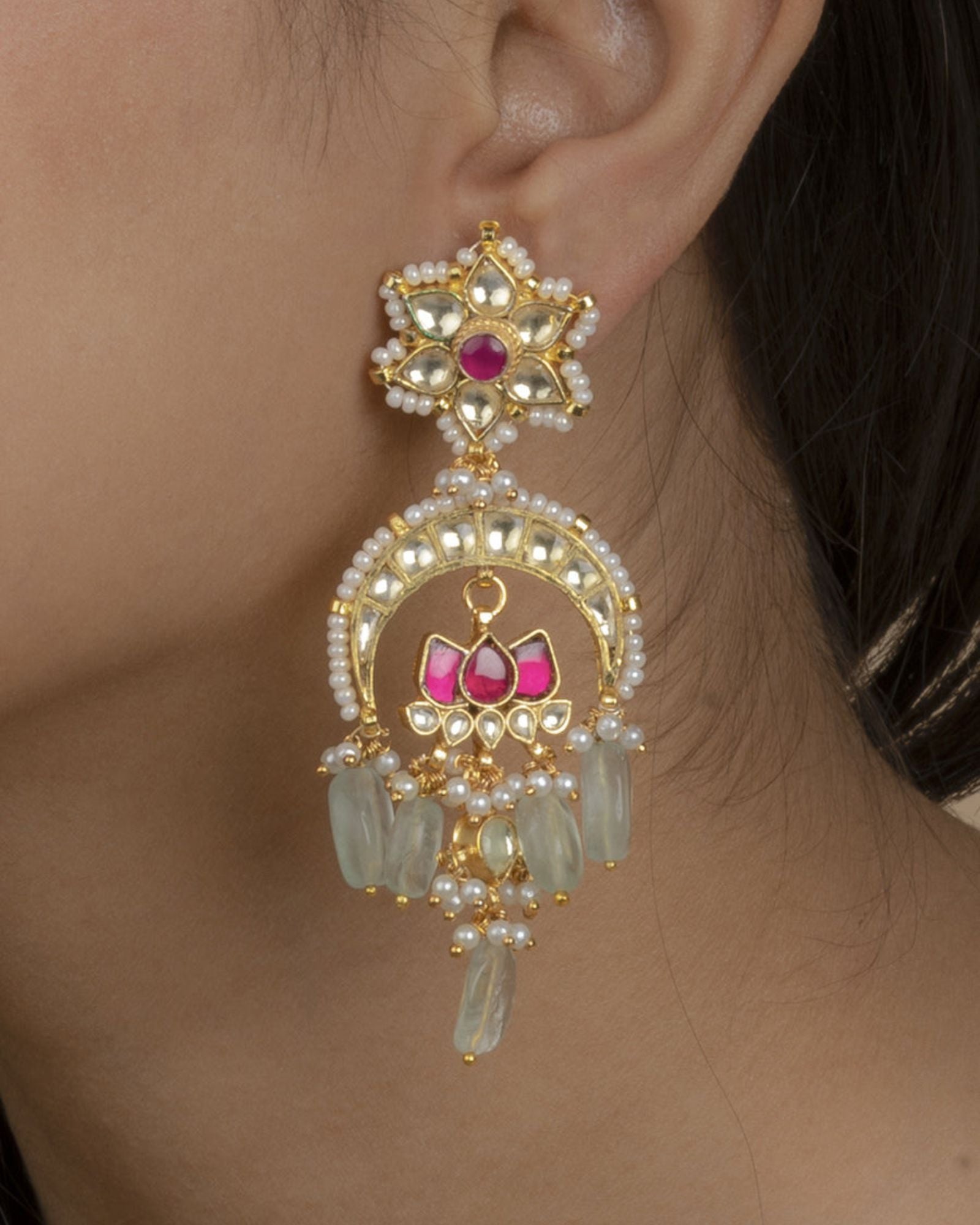 Pink Color Gold Plated Jadau Kundan Earrings - ME700M