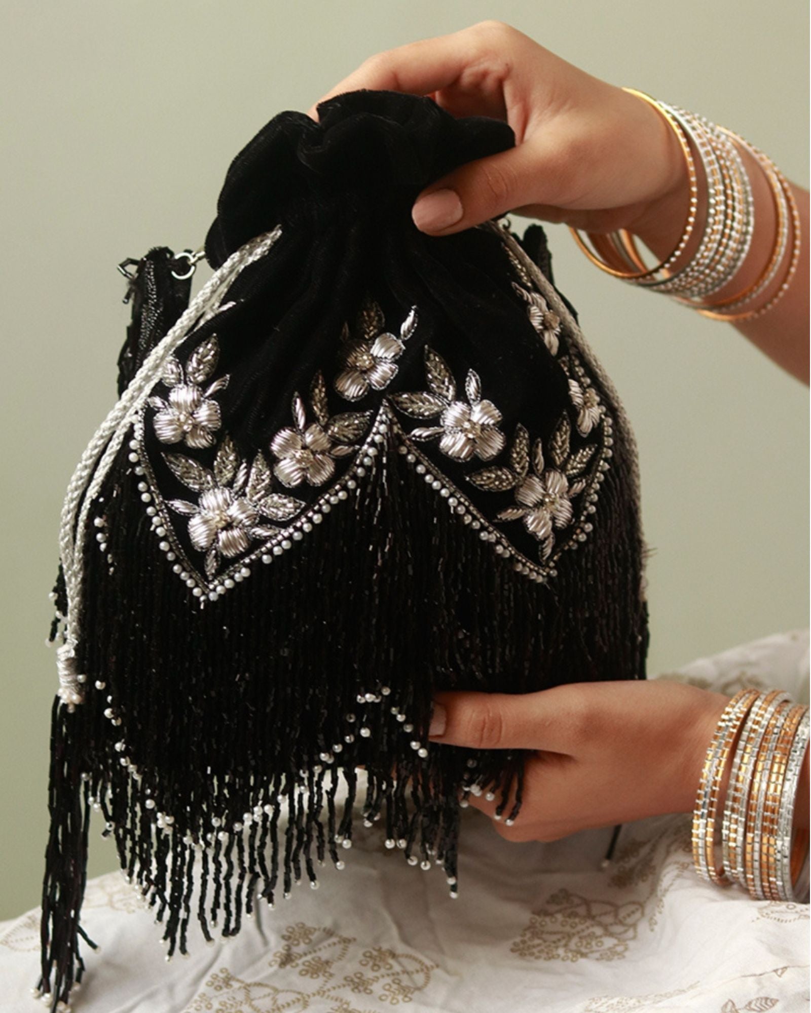 Keisha Black Tassle Potli with Handle