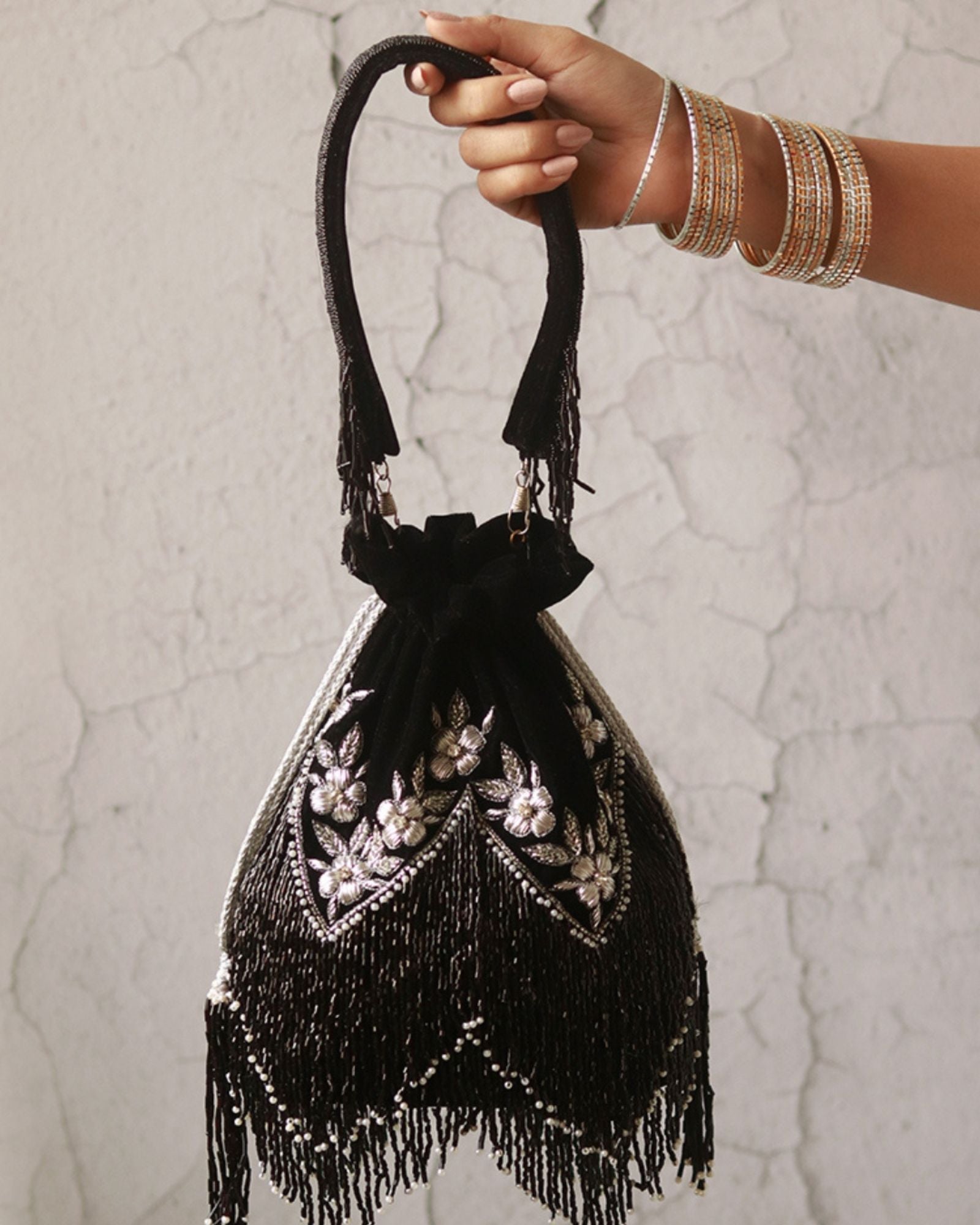 Keisha Black Tassle Potli with Handle