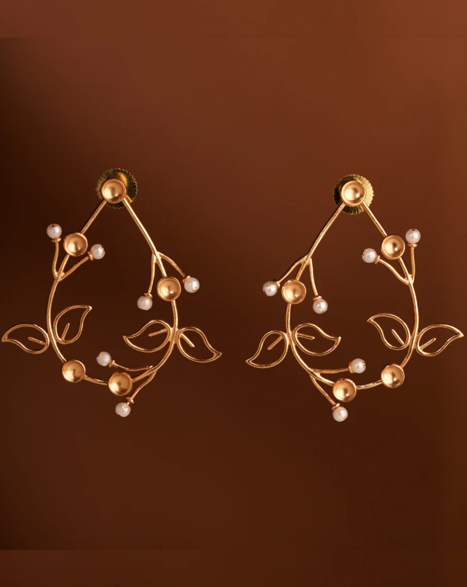 Fern Dynasty Gold Plated Drop Stud Earrings