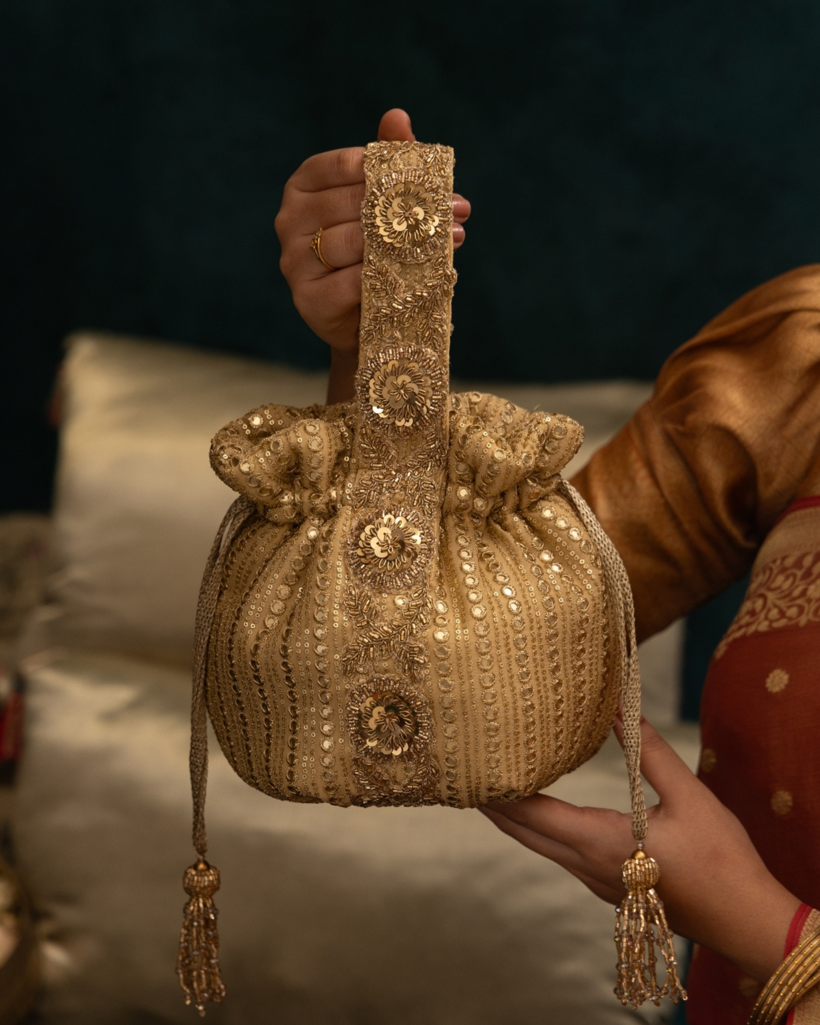 Yari Embroidered Round Potli - Gold