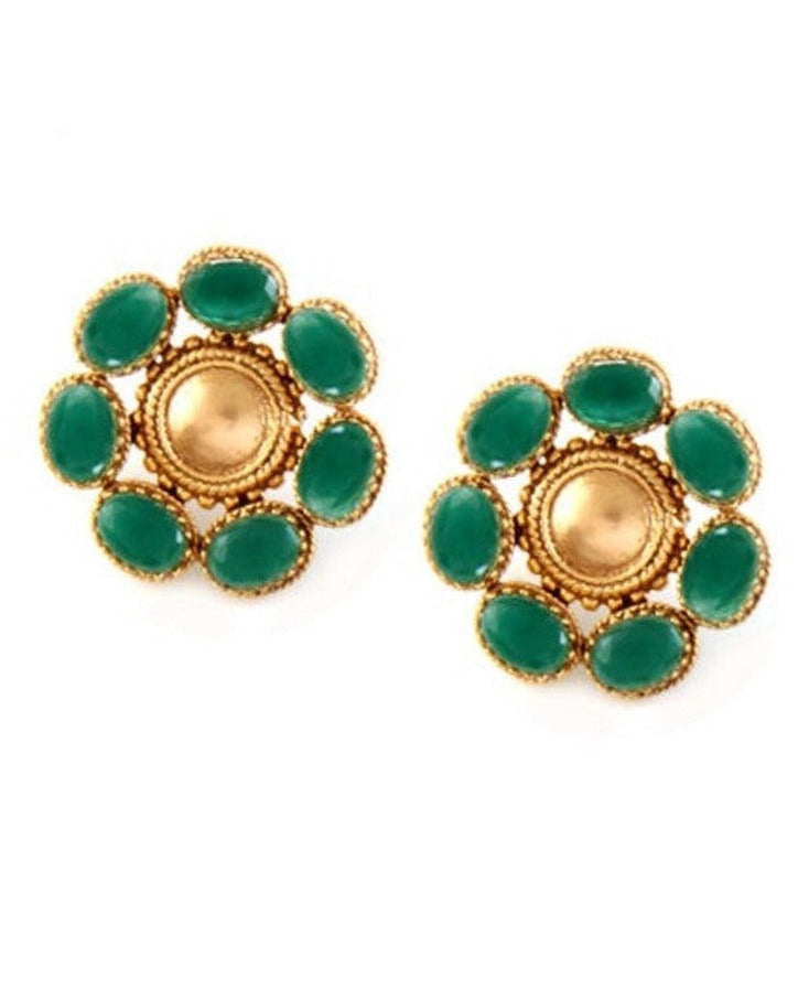 Gold Toned Studs Earrings With Green Crystal