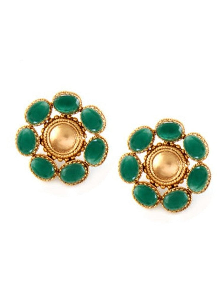 Gold Toned Studs Earrings With Green Crystal