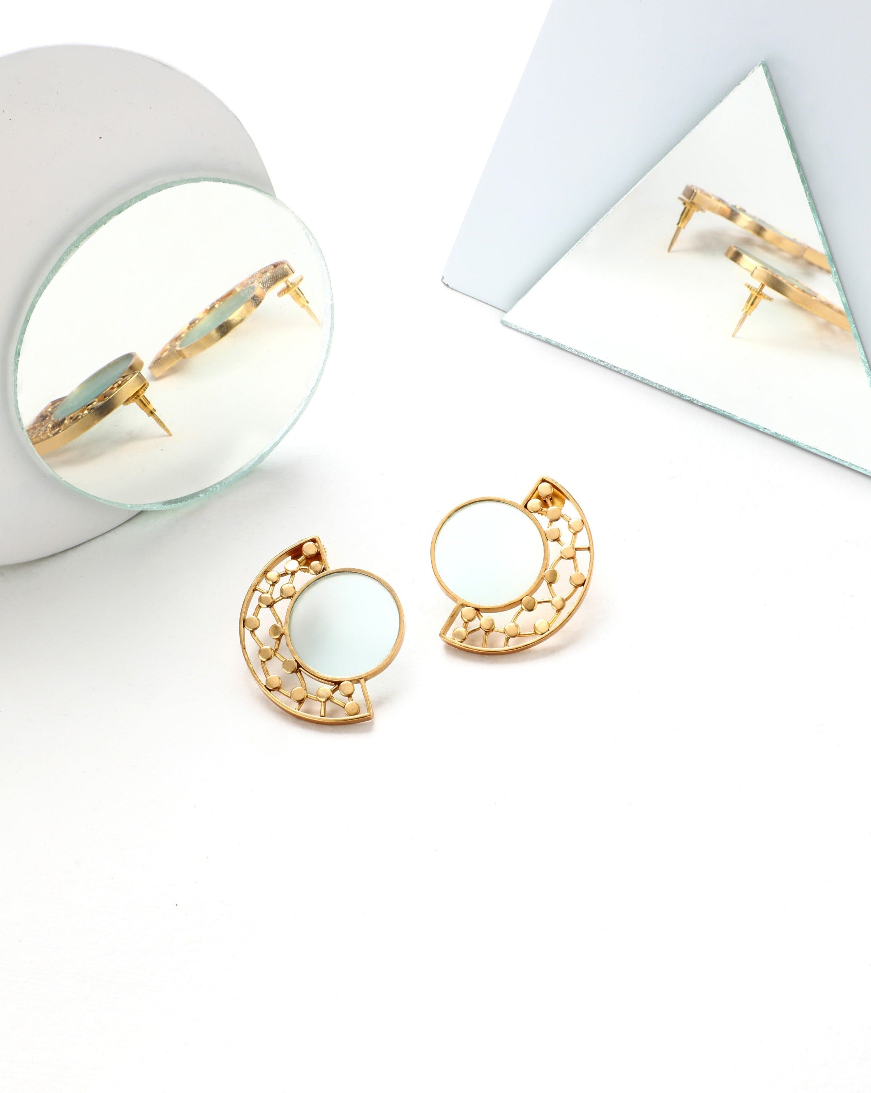 Gold Toned Split Circular Studs With Cyan Acrylic And Dotted Detail