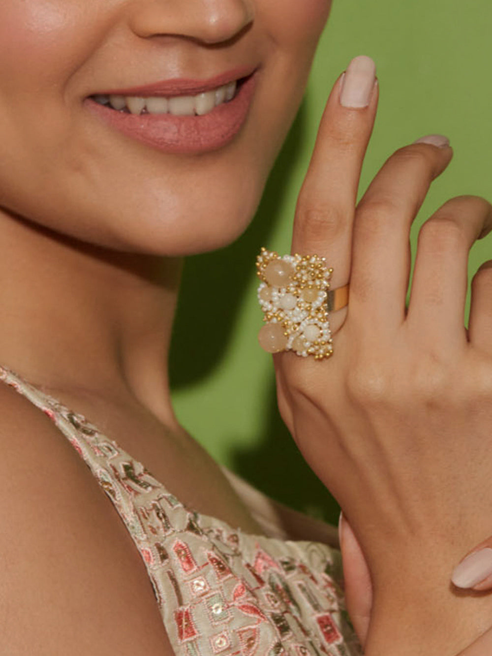 Handcrafted Stone Studded Beige & Gold Ring